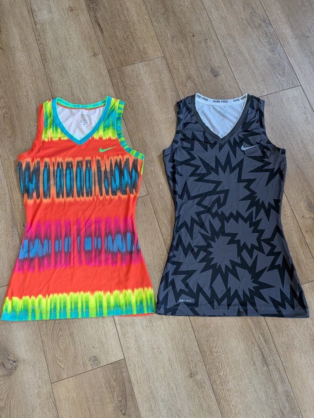 Lot of 2 Nike Pro Dri-Fit V-Neck Tank Tops Tie Dye Neon Black Athletic Retro XS